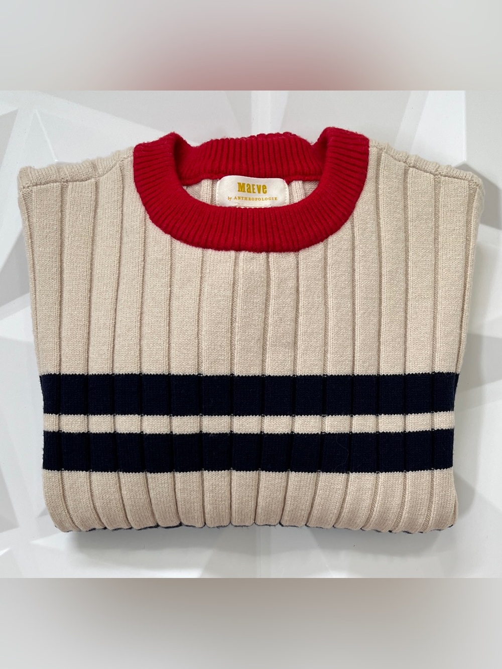 Maeve by Anthropologie Rib Crew Compact Pullover Sweater Cream & Navy Striped - Picture 6 of 16